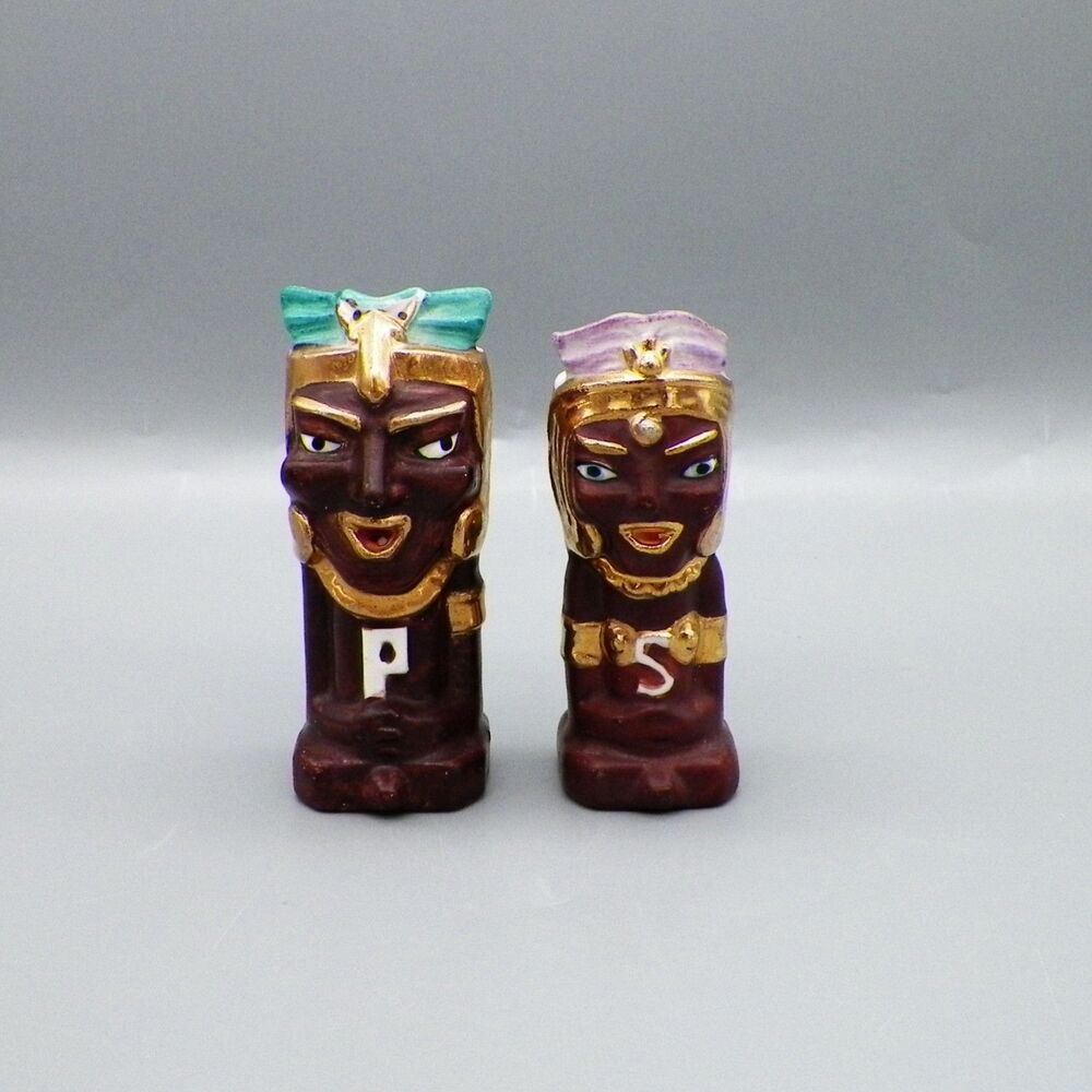 Vintage Mayan Aztec Royalty Salt and Pepper Shakers Hand Painted